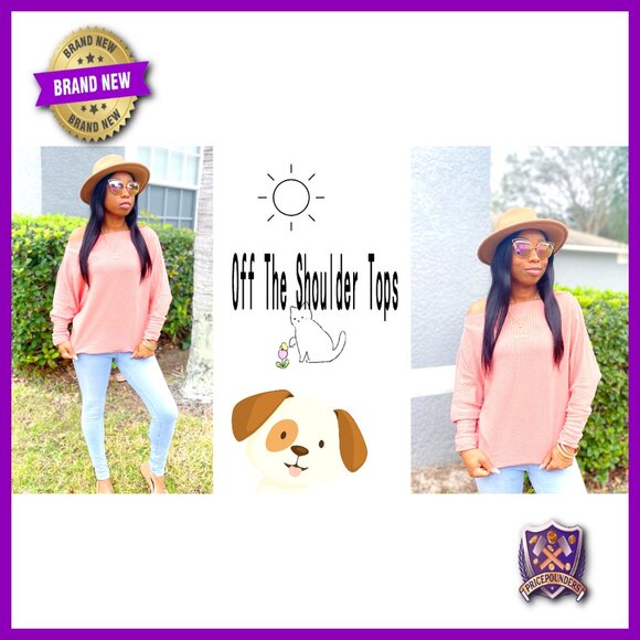 Oversized Off Shoulder Waffle Knit Sweatshirt Tunic Long Sleeve Pullover - Picture 6 of 7